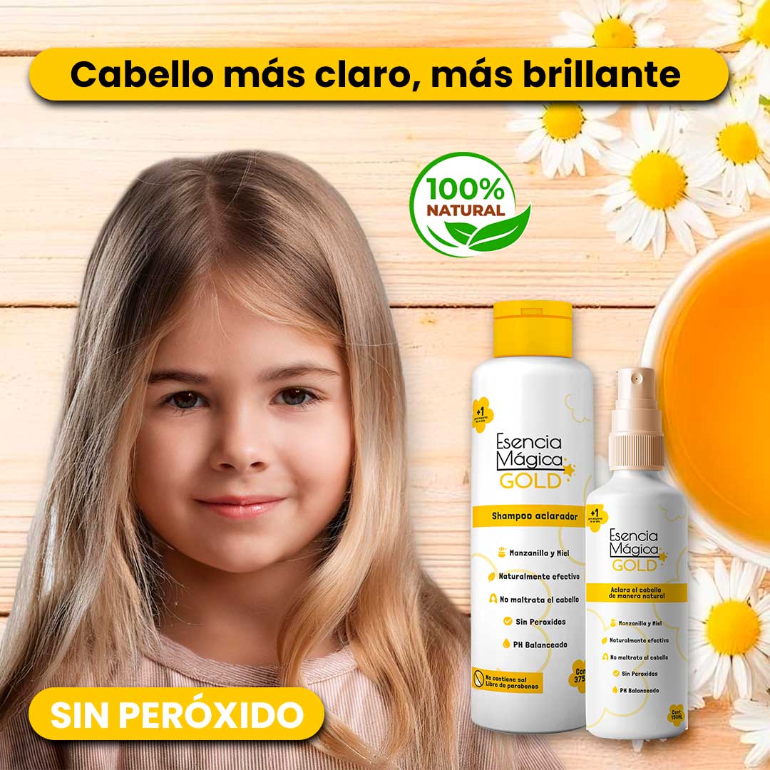 Cabello claro, brillante y protegido con el Kit Aclarador Shampoo + Tonico Gold kids